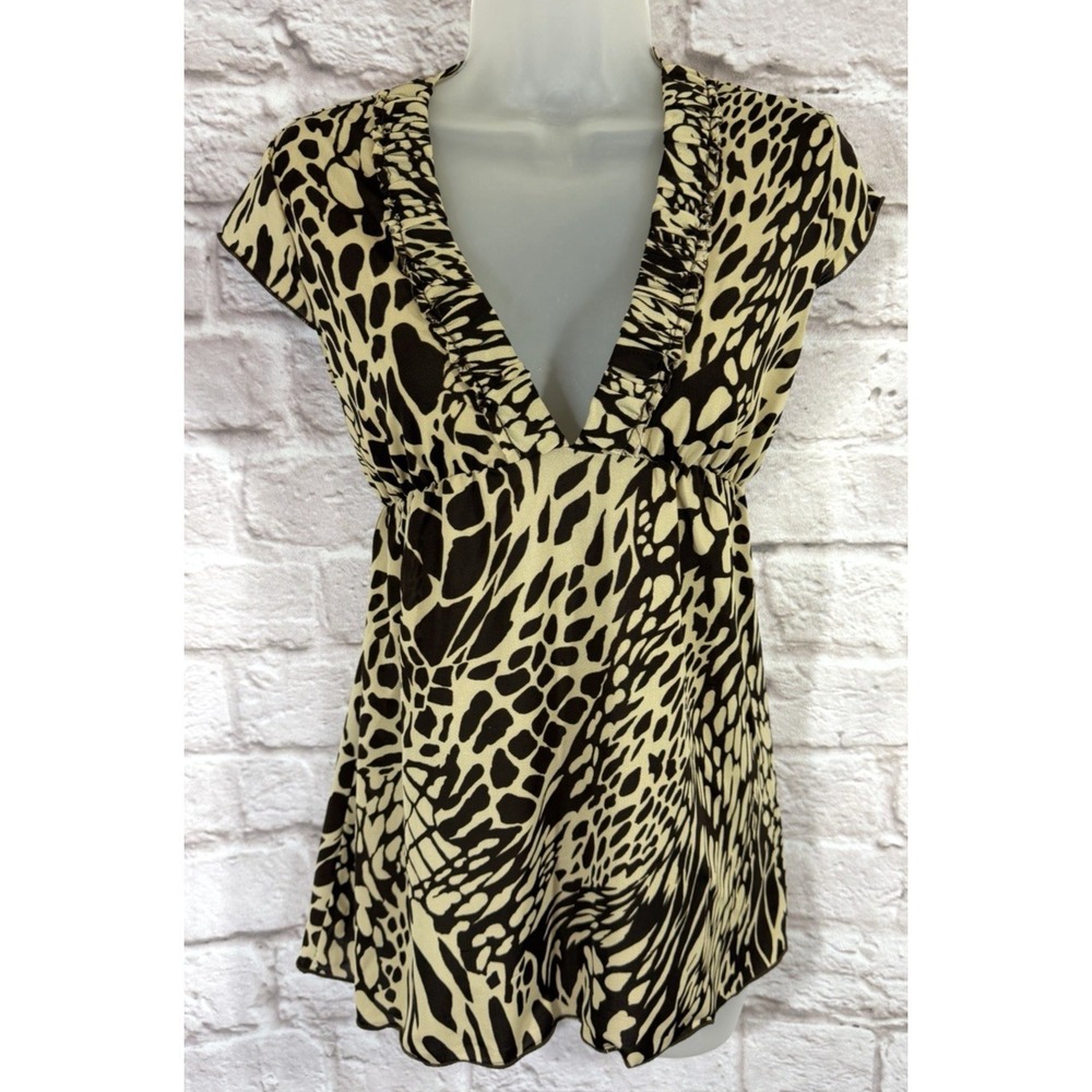 ING Y2K‎ Babydoll Top Medium Deep V Neck Sexy Mobwife Animal Print Stretch Glam